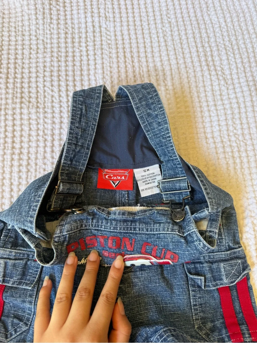 Disney Denim Short Overalls in Blue with Red Trim and Cars Graphics
